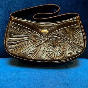 AMERICAN WEST Hand Tooled Brown Leather Shoulder Bag Purse